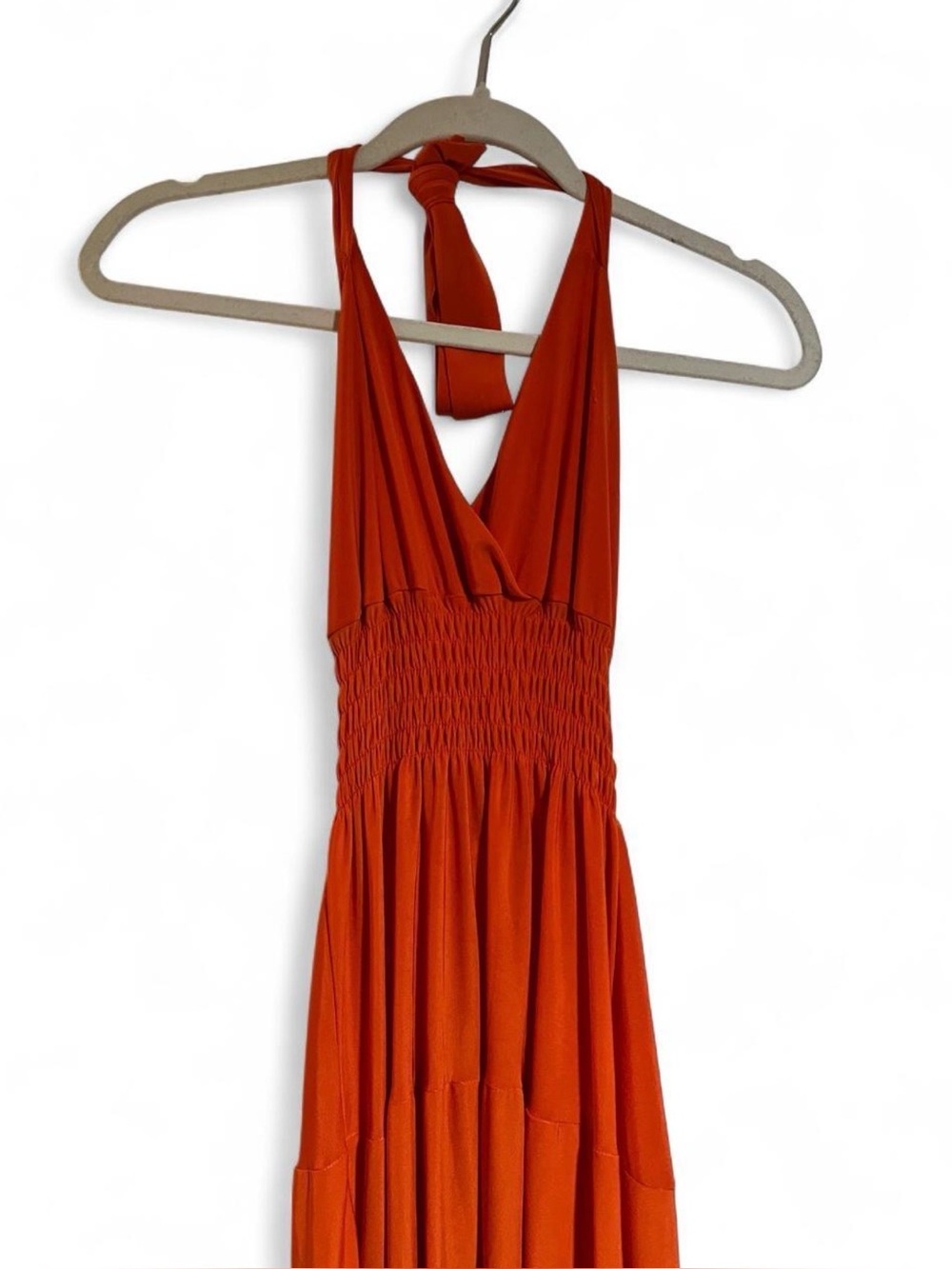 Halter Smocked-Waist Long Summer Dress in Orange